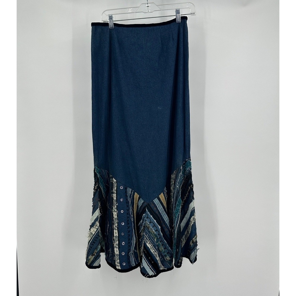 Womens Bohemian Patchwork Denim Maxi Skirt Sz M Handmade Gypsy Festival Eclectic